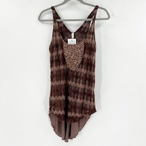 Tiny Brown Chevron Tank Top Sequin Pocket Sleeveless Asymmetrical Hem